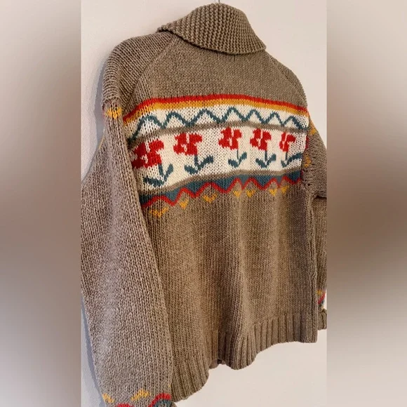 Toad&Co Brown Fair Isle Zip-Front Wool Sweater Jacket with Red & Teal Accents - Picture 3 of 6